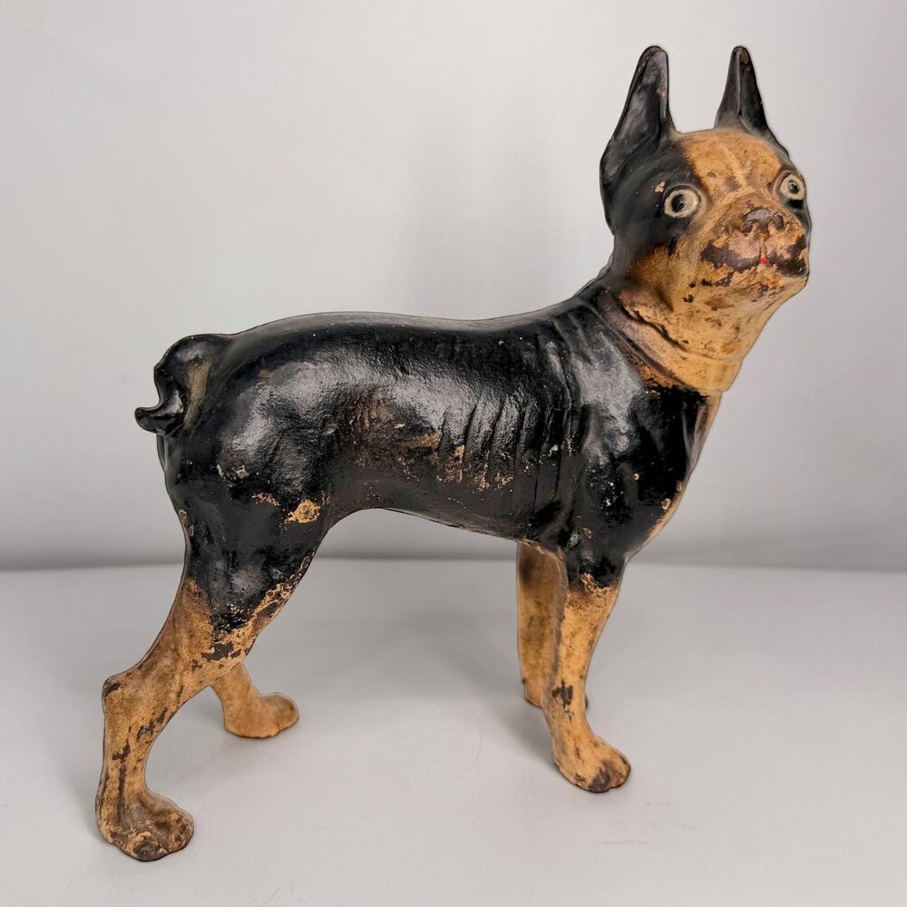 ANTIQUE 1920's Cast Iron Boston Terrier 9" x 9" Figural Dog Decorative Doorstop
